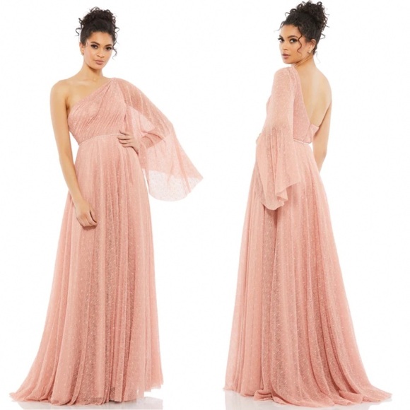 Mac Duggal Lace One Shoulder Illusion Sleeve A Line salmon Gown- NWT‎ size 4 - Picture 3 of 16